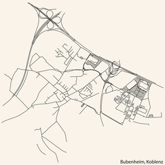 Detailed navigation black lines urban street roads map of the BUBENHEIM QUARTER of the German regional capital city of Koblenz, Germany on vintage beige background