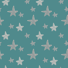 Fototapeta premium Hand drawn silver stars pattern on blue green background. For fabric, sketchbook, wallpaper, wrapping paper. 