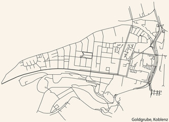 Detailed navigation black lines urban street roads map of the GOLDGRUBE QUARTER of the German regional capital city of Koblenz, Germany on vintage beige background