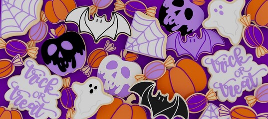 Happy Halloween banner or party invitation. 3D render illustration of Halloween theme cookies with the shape of pumpkin, ghost, bat, skull, poison apple, spiderweb, calligraphy of  trick or treat  - 533316612