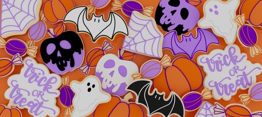 Happy Halloween banner or party invitation. 3D render illustration of Halloween theme cookies with the shape of pumpkin, ghost, bat, skull, poison apple, spiderweb, calligraphy of  trick or treat  - 533316633
