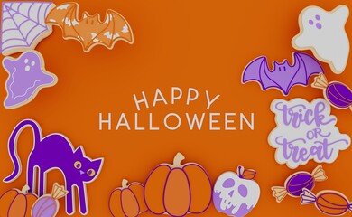 Happy Halloween banner or party invitation. 3D render illustration of Halloween theme cookies with the shape of pumpkin, ghost, bat, skull, poison apple, spiderweb, calligraphy of  trick or treat  - 533316644