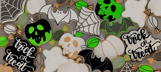 Happy Halloween banner or party invitation. 3D render illustration of Halloween theme cookies with the shape of pumpkin, ghost, bat, skull, poison apple, spiderweb, calligraphy of  trick or treat  - 533316649