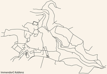 Detailed navigation black lines urban street roads map of the IMMENDORF QUARTER of the German regional capital city of Koblenz, Germany on vintage beige background