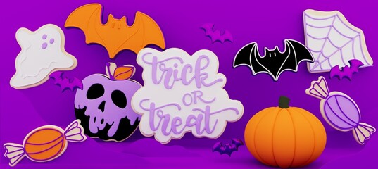 Happy Halloween banner or party invitation. 3D render illustration of Halloween theme cookies with the shape of pumpkin, ghost, bat, skull, poison apple, spiderweb, calligraphy of  trick or treat  - 533316671