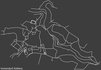 Detailed negative navigation white lines urban street roads map of the IMMENDORF QUARTER of the German regional capital city of Koblenz, Germany on dark gray background