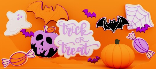 Happy Halloween banner or party invitation. 3D render illustration of Halloween theme cookies with the shape of pumpkin, ghost, bat, skull, poison apple, spiderweb, calligraphy of  trick or treat  - 533316689