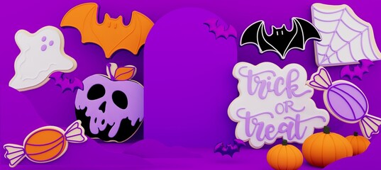 Happy Halloween background with podium for product display or party invitation. 3D render illustration of cookies, pumpkin, ghost, bat, skull, poison apple, spiderweb, calligraphy of trick or treat - 533316693