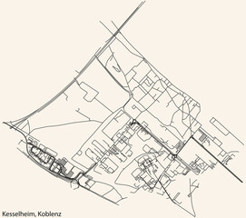 Detailed navigation black lines urban street roads map of the KESSELHEIM QUARTER of the German regional capital city of Koblenz, Germany on vintage beige background