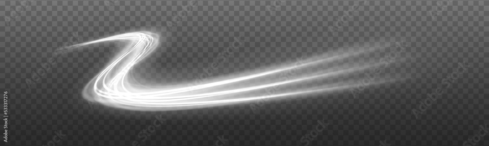 Aufkleber Curve light effect of motion wave. Dynamic white trail, fire path trace line, car lights, optic fiber and incandescence curve twirl. Sparkling translucent comet bokeh. Neon vector speed flying trails 