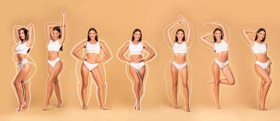 Collage of happy fit woman with overweight silhouette showing weight loss result, enjoying slim...