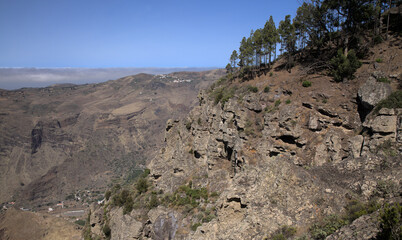 Gran Canaria, landscapes along the cross-island hike Las Palmas - Puerto de las Nieves, 
view into valley of Agaete, descent from Tamadaba nature park
