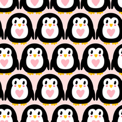 Romantic penguins and hearts seamless pattern. Perfect print for paper, textile and fabric. Hand drawn vector illustration for decor and design.