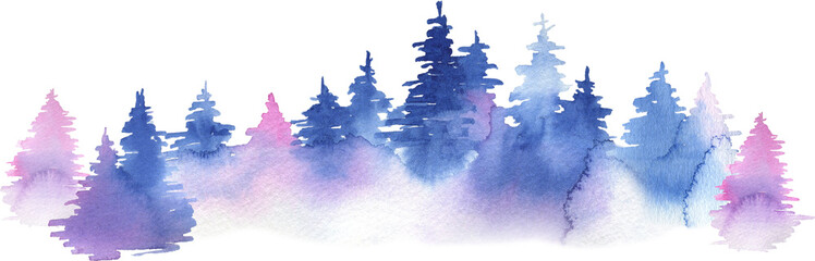 Watercolor illustrated blue and purple winter forest. Christmas holiday decor. Isolated element for greeting card making.