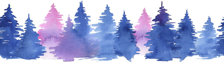 Watercolor seamles border. Blue and purple pine and fir. Winter forest. Christmas holiday decor. Pattern for geeting card making.