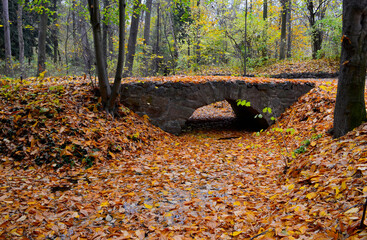 Stone bridge in autumn park. Autumn leaves in the park.