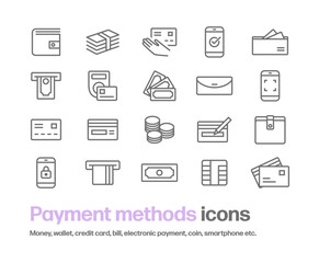 お金や支払い方法のアイコンセット。クレジットカード,紙幣,電子決済,バーコード決済,財布,コイン,現金などのシンプルな線画のイラスト。