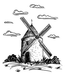 Black and white vector rural landscape in outline style. Illustration of a windmill in a field with clouds.