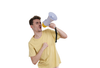 Young caucasian man shouting through megaphone, isolated on white background.