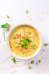 Delicious homemade leek soup with minced meat and chili