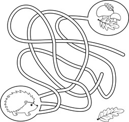 Help the hedgehog get to the mushrooms. Vector illustration of a maze for children. Black and white illustration. Coloring book