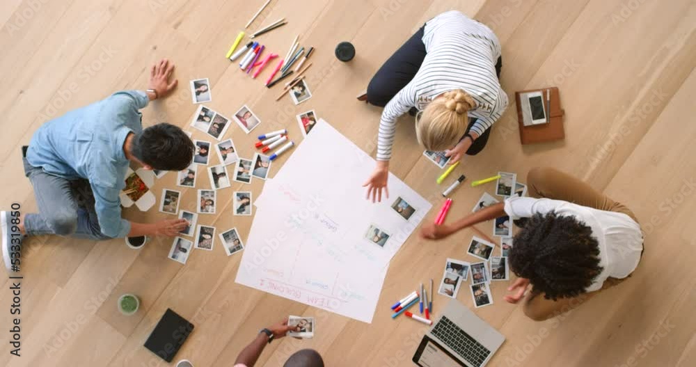 Poster designer team, schedule planning and photograph variety during teamwork, collaboration for app desig