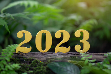 2023 text.against a on a green background of moss. happy new year 2023.green recycling and saving our planet and earth's environment.World environment day 2023.