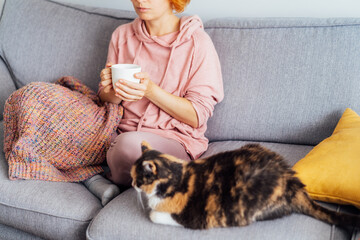 Close up woman in plaid holding cup of tea or coffee, watching movie, TV with multicolored cat on the sofa at home, decorated for fall holidays. Cozy and comfortable autumn concept. Selective focus.