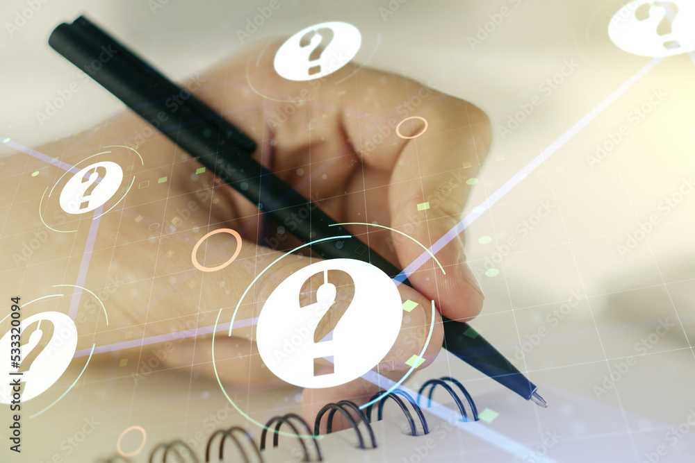 Poster creative abstract question mark sketch and man hand writing in notepad on background, faq and resear
