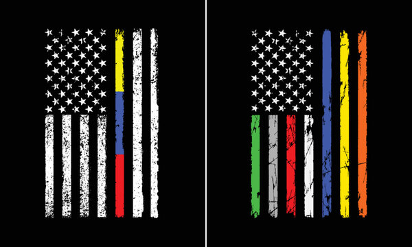 Thin All Line Distressed American Flag. Symbol Of Corrections, Police, Firefighter, EMS, Dispatchers, Military Illustration For Logo, T Shirt, Poster, Card, Banner Etc.