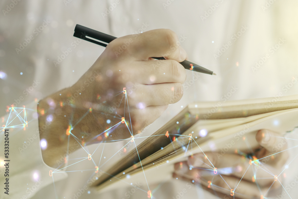 Poster creative abstract wireless technology hologram and man hand writing in diary on background, artifici