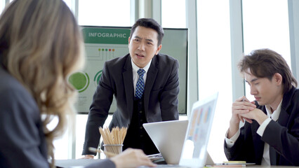 Asian senior management manager walking into the meeting room and throwing a pack of paper and...