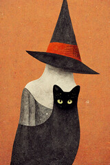 Digital art of a Halloween black cat with a witch hat.  - obrazy, fototapety, plakaty
