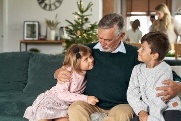 Grandfather and grandchildren bonding on sofa at Christmas time