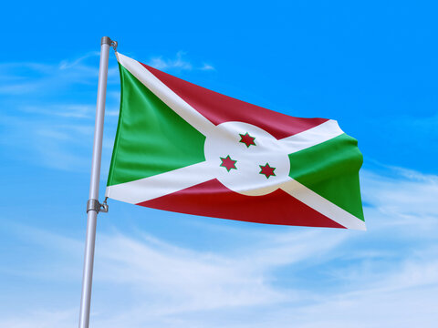 Beautiful Burundi flag waving with sky background - 3D illustration - 3D render
