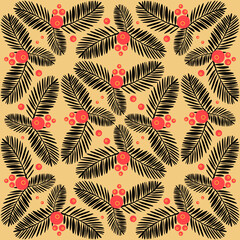 Tropical seamless pattern with palm leaves on yellow background, vector illustration