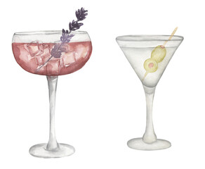 Watercolor hand drawn cocktail illustration set. Beverages clipart for menu, card, postcard, banner, poster. Food and drink print
