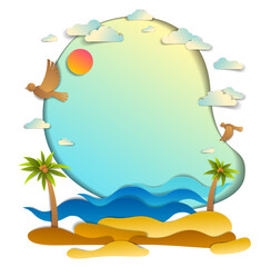 Fototapeta na wymiar Beach with palms, sea waves perfect seascape, birds clouds and sun in the sky, frame background with copy space, summer beach holidays theme paper cut style vector illustration.