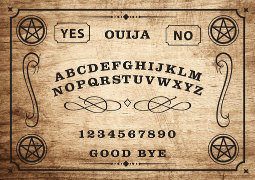 Ouija Board Planchette on wooden texture. Halloween play with calling souls and demons. Party poster. Graphic, caligraphy, typography, alphabet, letters, numbers.	