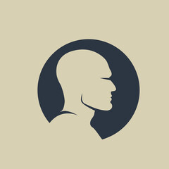 Man head logo.Bald male portrait.Circle emblem isolated on light fund.Profile view face.Negative space silhouette.Strong, masculine style icon.