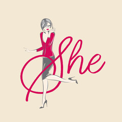 Woman illustration.Elegant portrait and silhouette.Modern hairstyle, trendy clothing, high heels shoes.Young lady, beautiful model face.Luxury,glamour style.Bright pink color calligraphy.