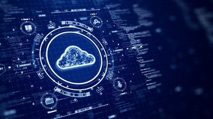 Cloud and edge computing technology concepts with cybersecurity data protection. Icons and polygons are connected inside the prominent cloud on the left HUD circle. binary code on dark blue background
