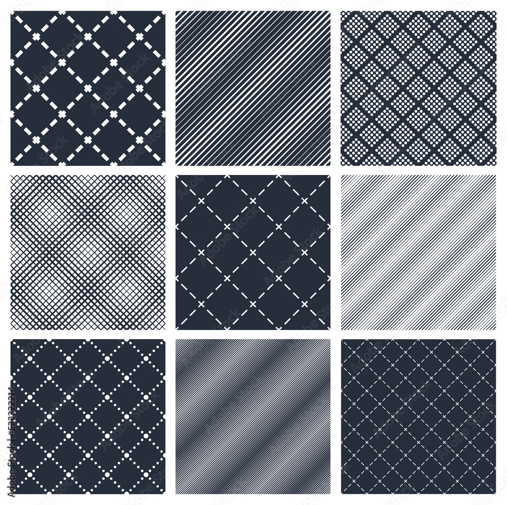 Poster geometric seamless patterns set, abstract minimalistic and simple lined and dotted backgrounds, wall