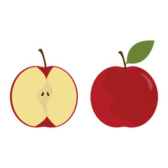 whole apple and half apple on white background