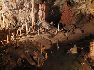 Grotto in a cave with stoloctites and stalagmites. Postojna Cave, Slovenia