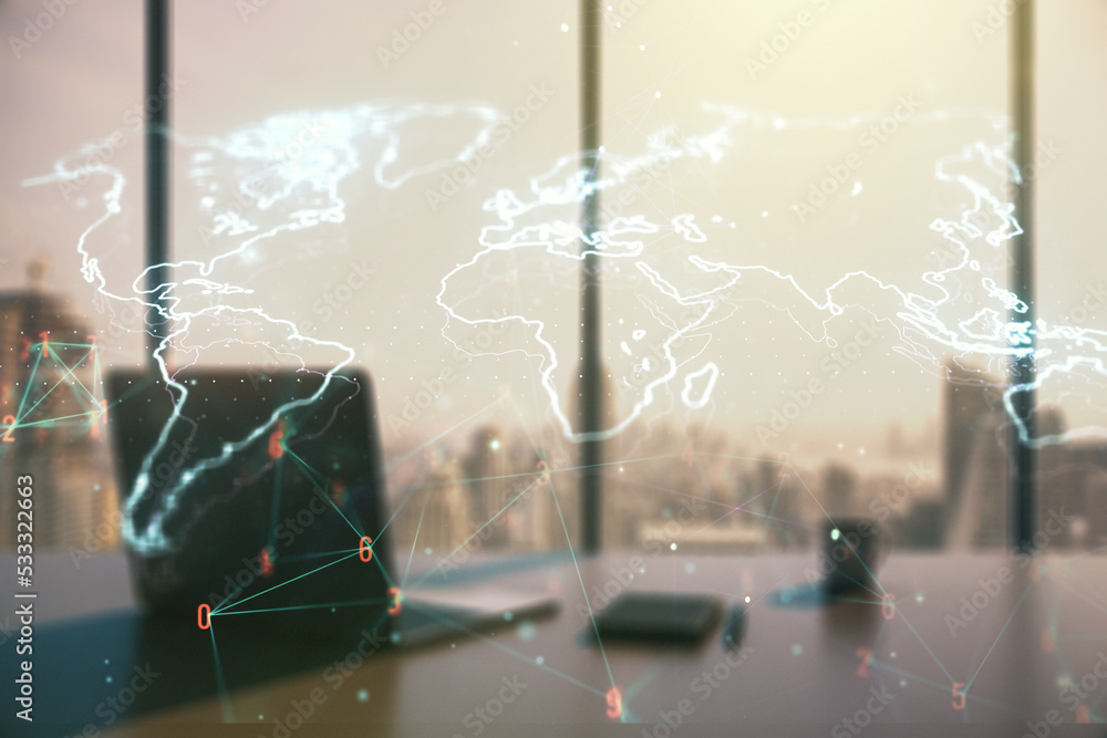 Poster multi exposure of abstract graphic world map and modern desktop with pc on background, big data and 