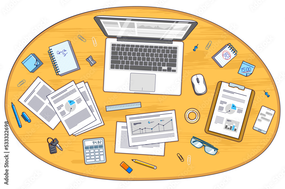 Fototapete Work desk workspace top view with PC notebook and analytics papers with graphs and data and stationery objects on table. All elements are easy to use separately or recompose illustration. Vector.