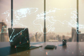 Multi exposure of abstract graphic world map and modern desktop with pc on background, big data and networking concept