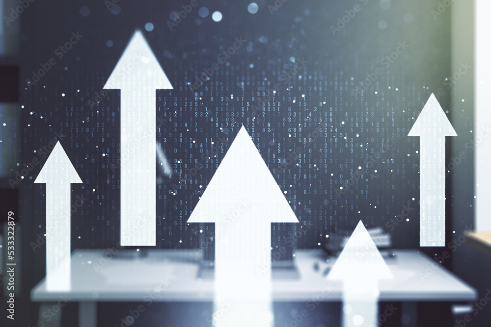 Poster creative concept of upward arrows illustration and modern desktop with computer on background. break