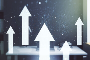 Creative concept of upward arrows illustration and modern desktop with computer on background. Breakthrough and progress concept. Multiexposure